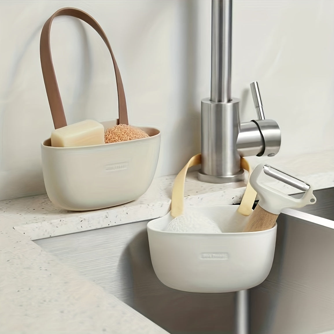 Juego de organizadores de almacenamiento para fregadero con estante con drenaje, cesta colgante y estante para jabón