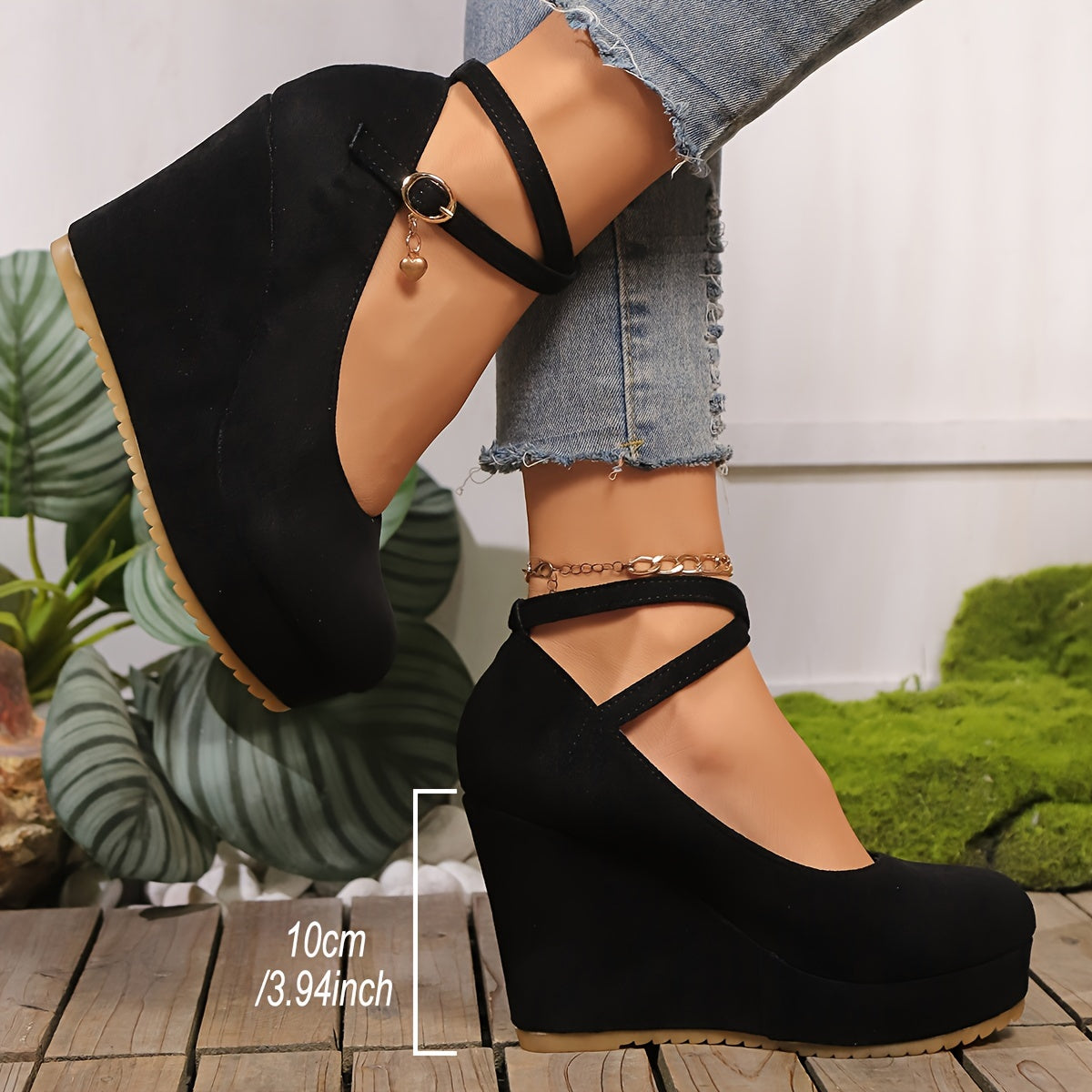 Women's Black Wedge Heels with Ankle Strap Platform High Heel All-Season
