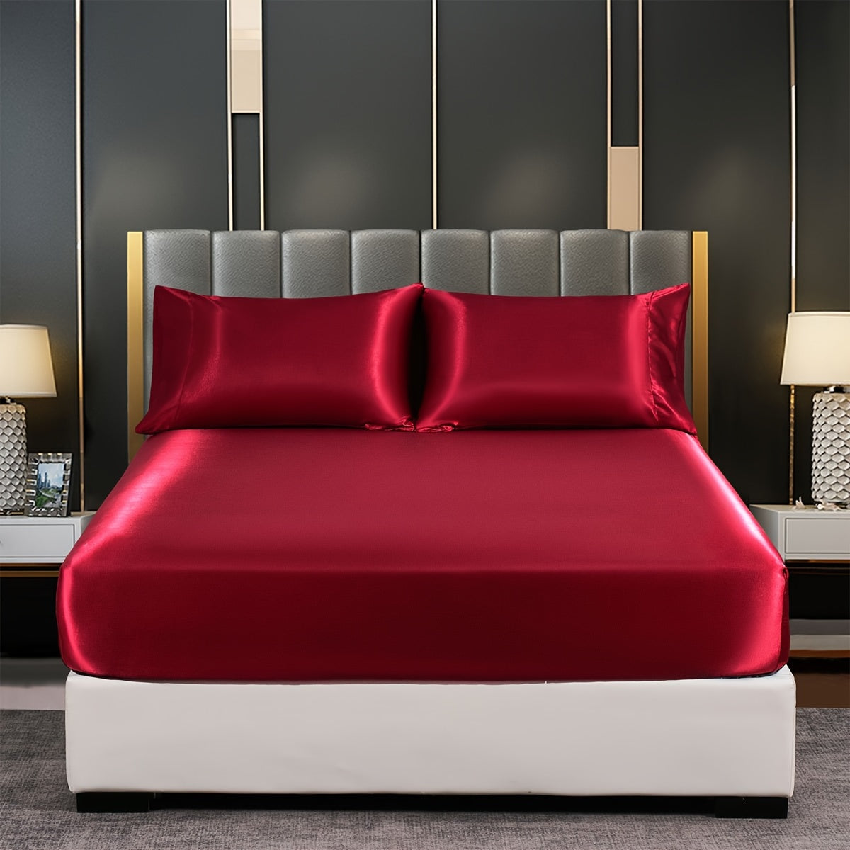 Satin Solid Color Fitted Sheet Luxuriously Soft Bedding for Bedroom and Guest Room
