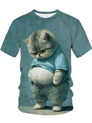 Men's Casual Round Neck T-Shirt with Chubby Cat Print, Short Sleeve, Polyester