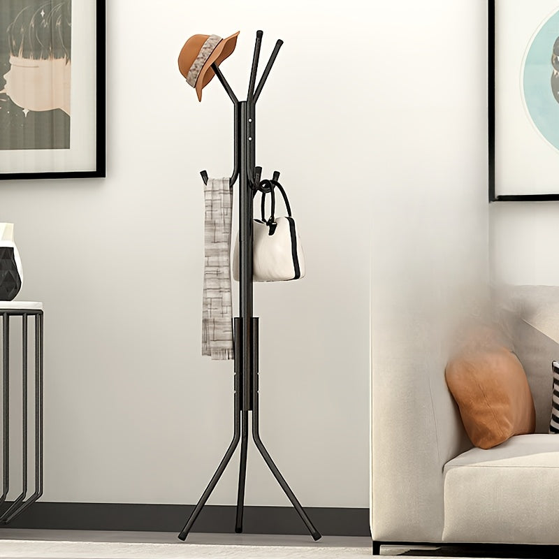 Black Metal Coat Rack with Single Rod and Hooks for Household Storage