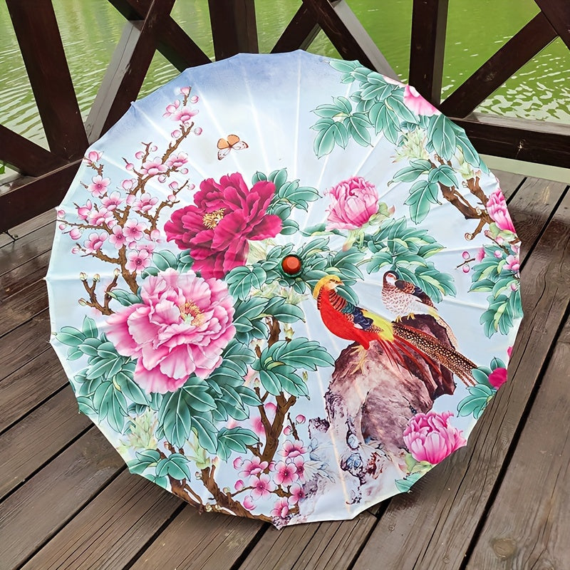 Chinese Cherry Blossom Parasol Umbrella with Bamboo Handle for Sun Rain Protection Weddings Parties