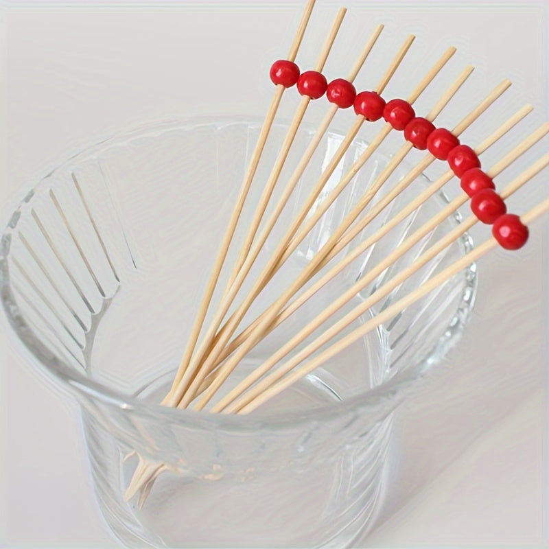 100 высококачественных бамбуковых коктейльных шпажек с красными бусинами - одноразовые фруктовые шпажки для вечеринок, баров, десертов и выездных мероприятий.