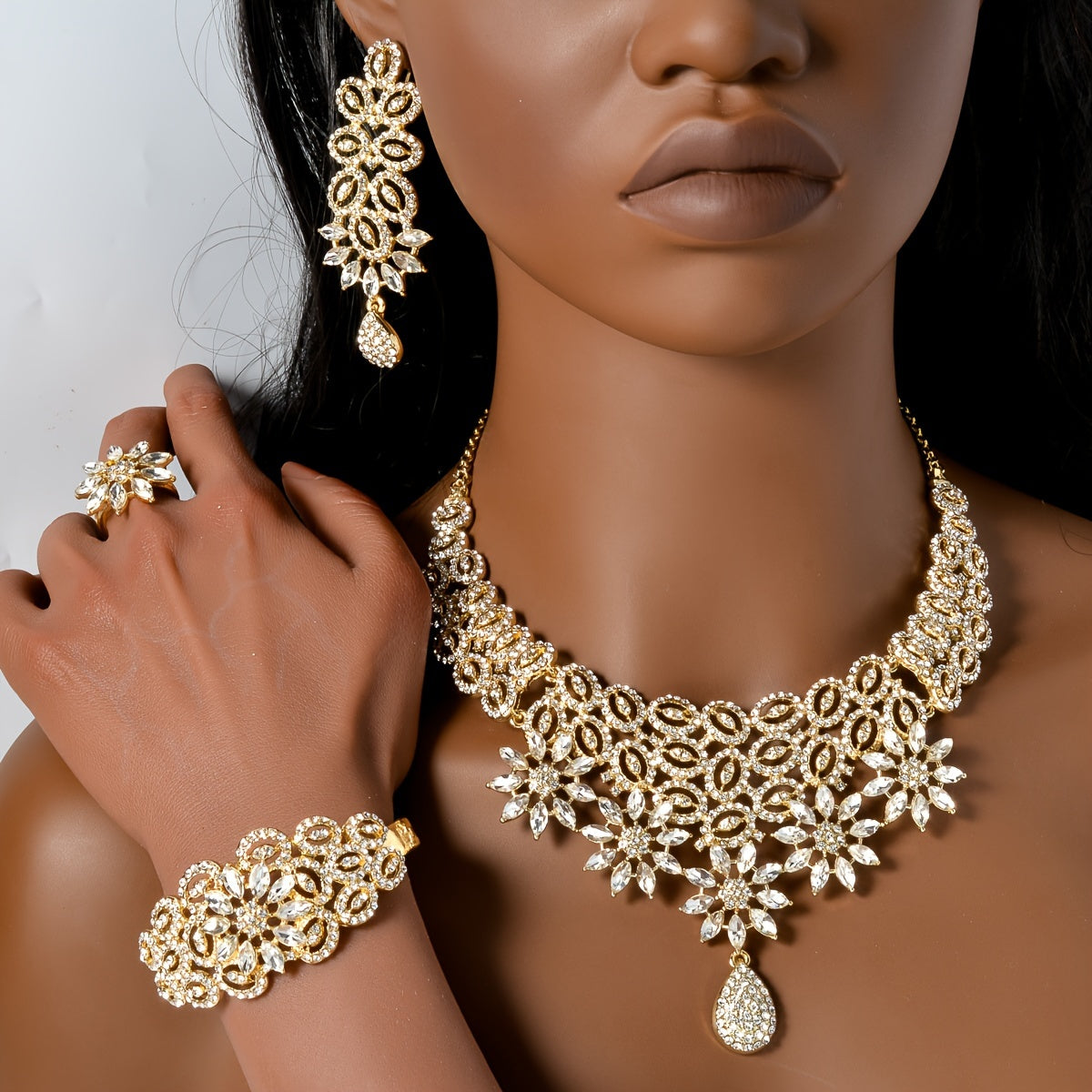 Elegant Jewelry Set with Necklace Bracelet Ring and Earrings for Weddings
