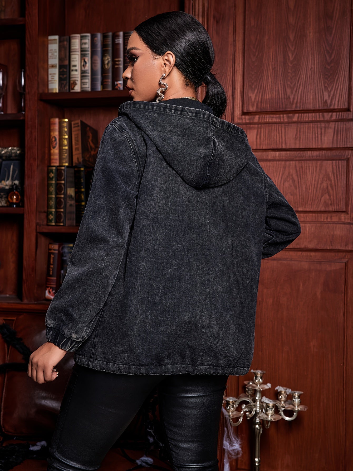 Women's Black Denim Hooded Jacket Zip-Up Drop Shoulder Long Sleeve Pullover