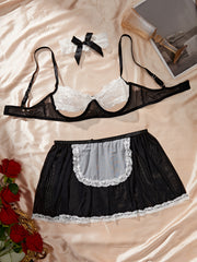 Women's Floral Lace Lingerie Set with Semi-Sheer Bra Mini Skirt and Choker