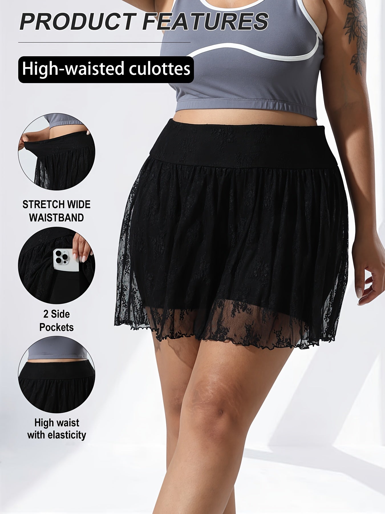 Plus Size Women's Lace-Trim Flared Shorts Skirt with Pockets Summer Fashion
