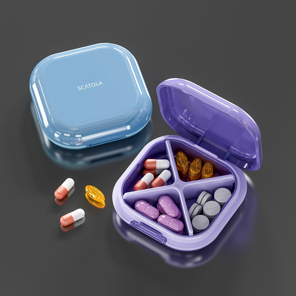 White and Blue 4-Compartment Pill Organizer with Transparent Lid for Travel and Daily Use