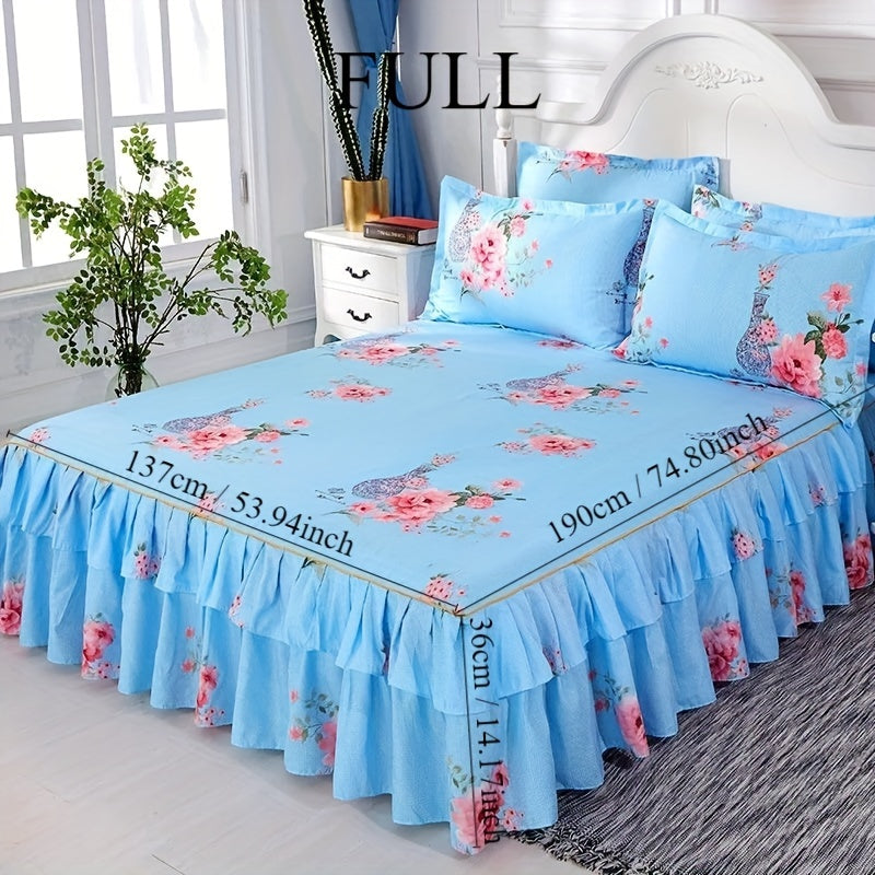 Set of 3 Tropical Floral Bedding Set with Lace Bed Skirt and Pillowcases Ruffled Edges Purple