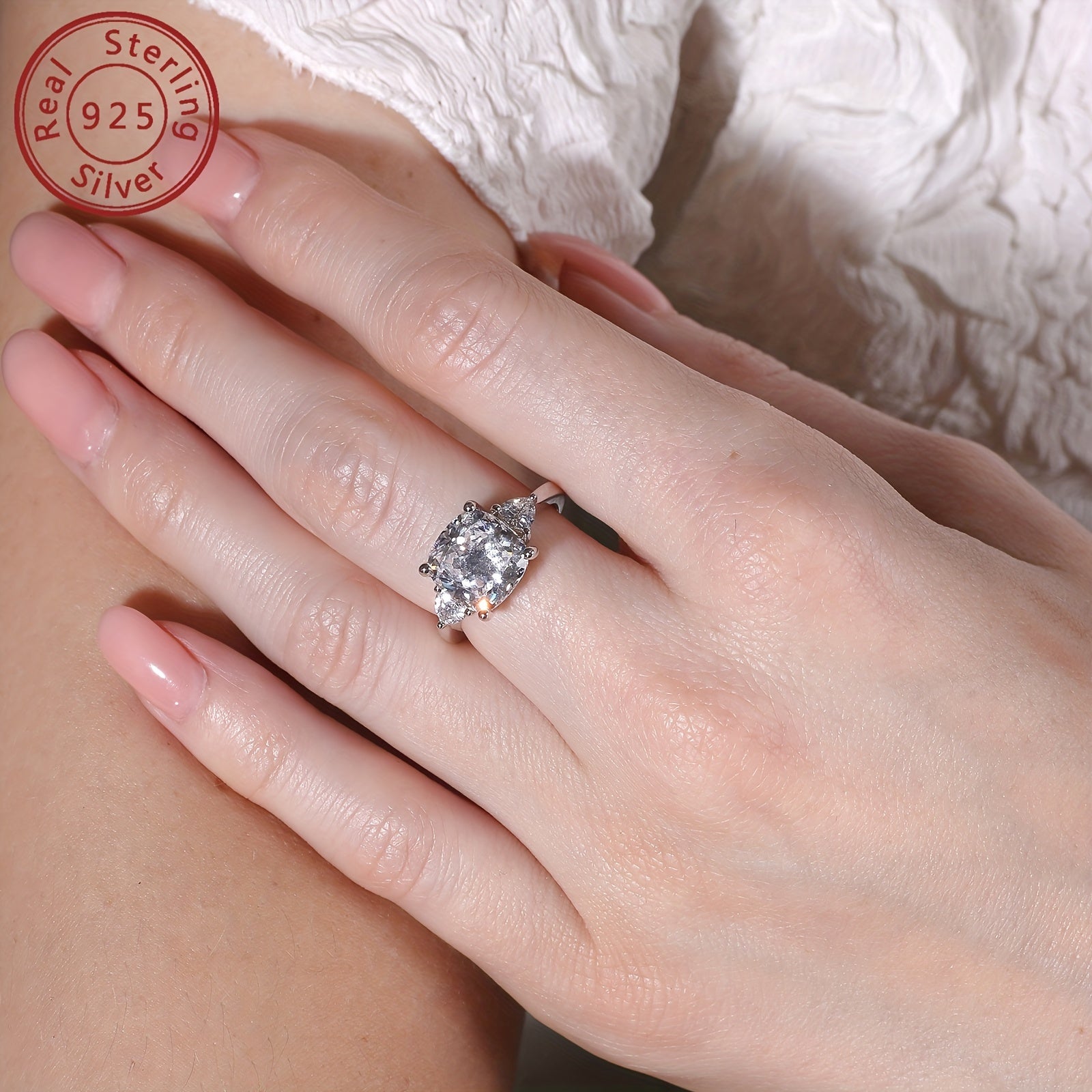 Sterling Silver Engagement Ring with 3-Stone Cubic Zirconia Square Triangle Design