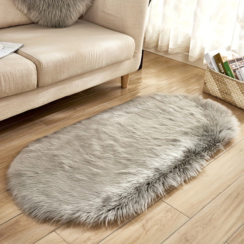 Oval Faux Sheepskin Rug Plush Shaggy Carpet Machine Washable Bedroom Living Room