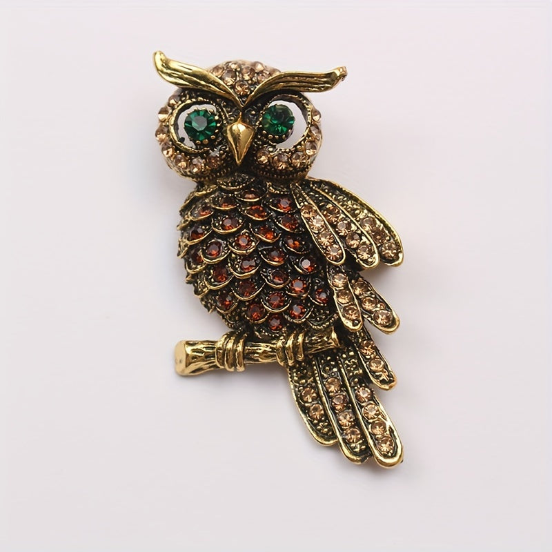Vintage-Inspired Rhinestone Owl Brooch Pin Edgy Animal-Shaped Jewelry Accessory