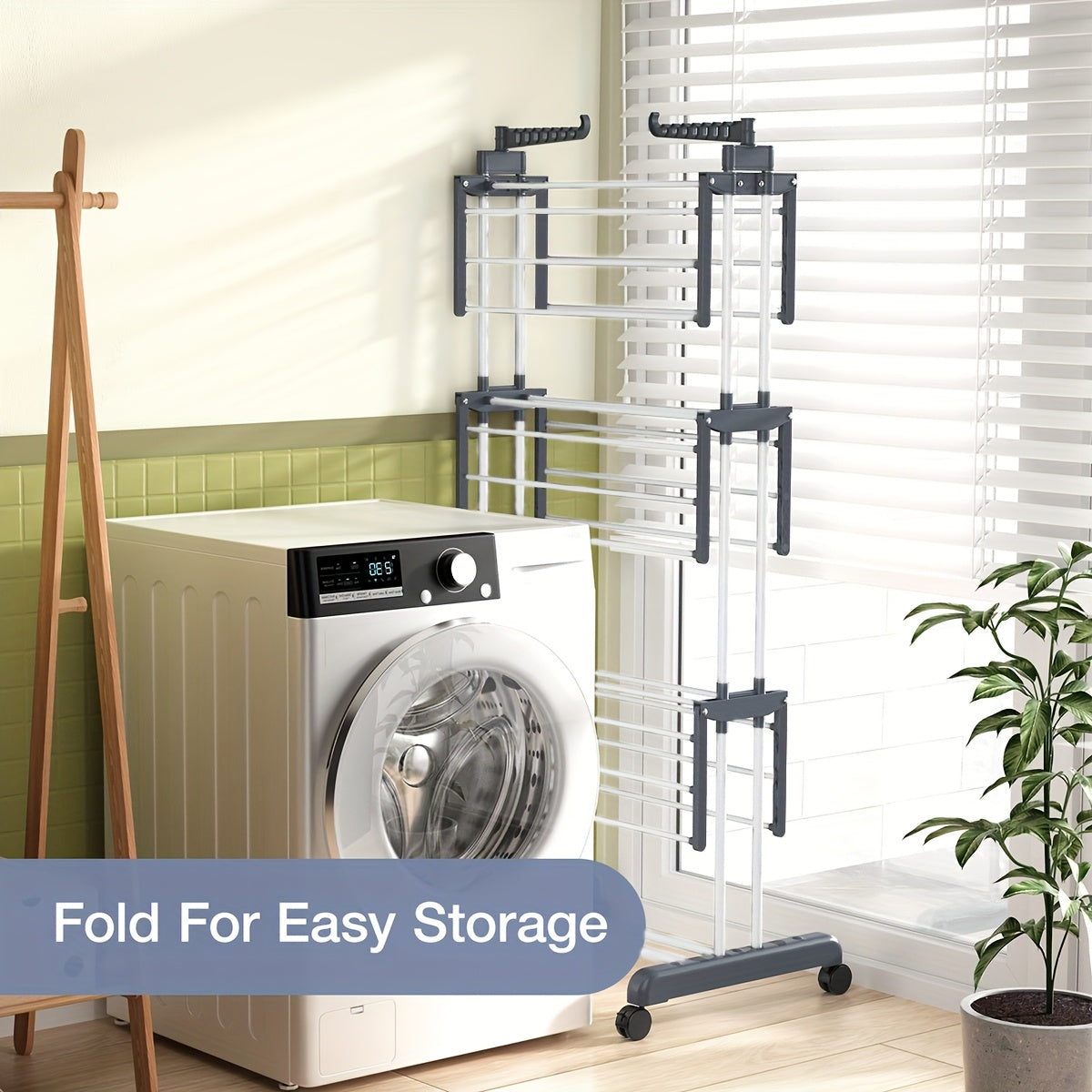 Adjustable Indoor Outdoor Drying Rack with Foldable Rod and Wheels