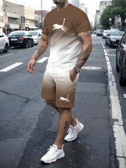 Men's Summer Outfit Set Gradient Pattern Crew Neck T-Shirt Elastic Waist Shorts