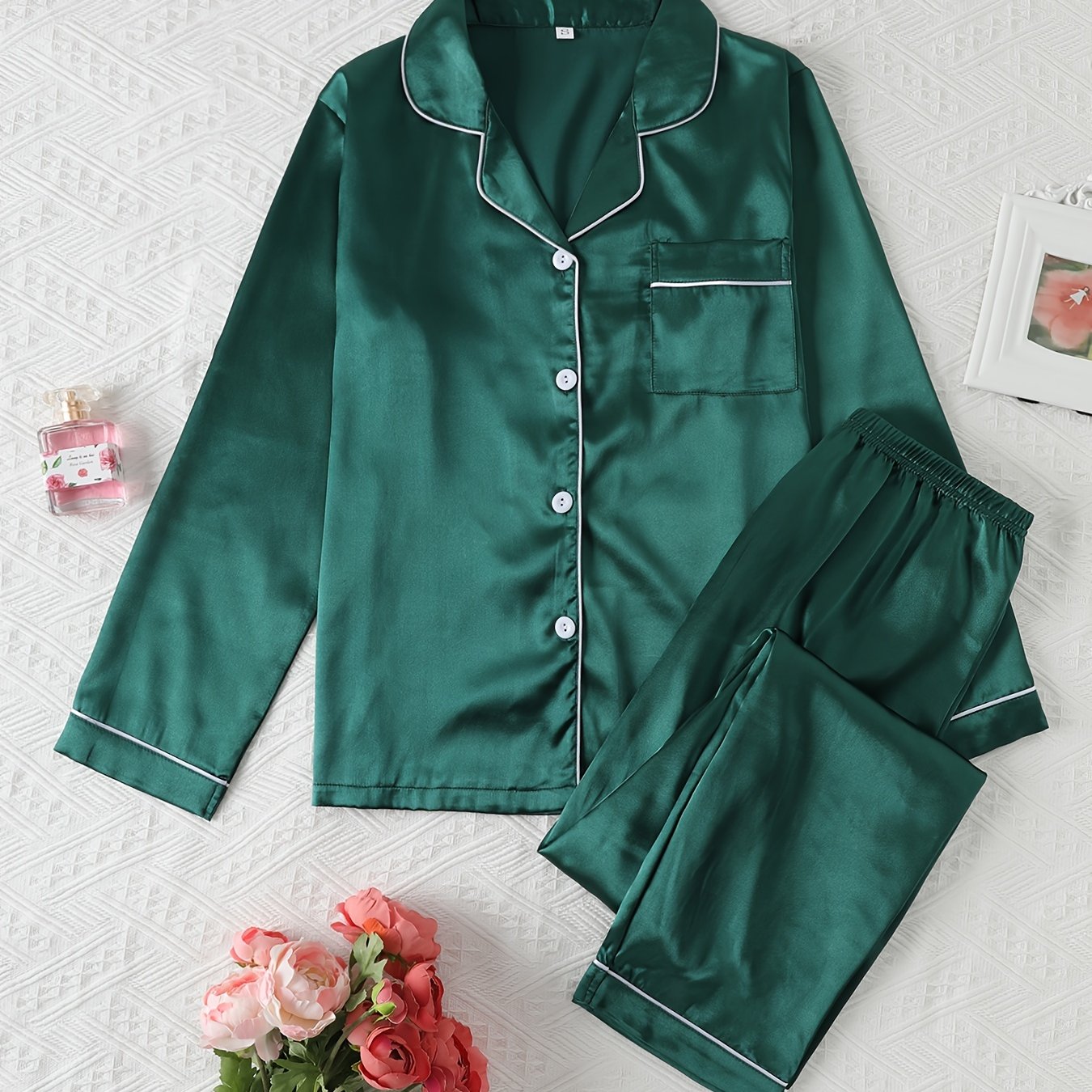 Women's Satin Pajama Set Long Sleeve Winter Solid Color Elastic Waist Lounge Sleepwear