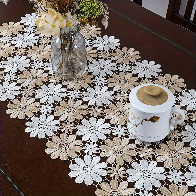 Sunflower Lace Table Runner Woven Polyester Dual-Tone for Dining Room Decor
