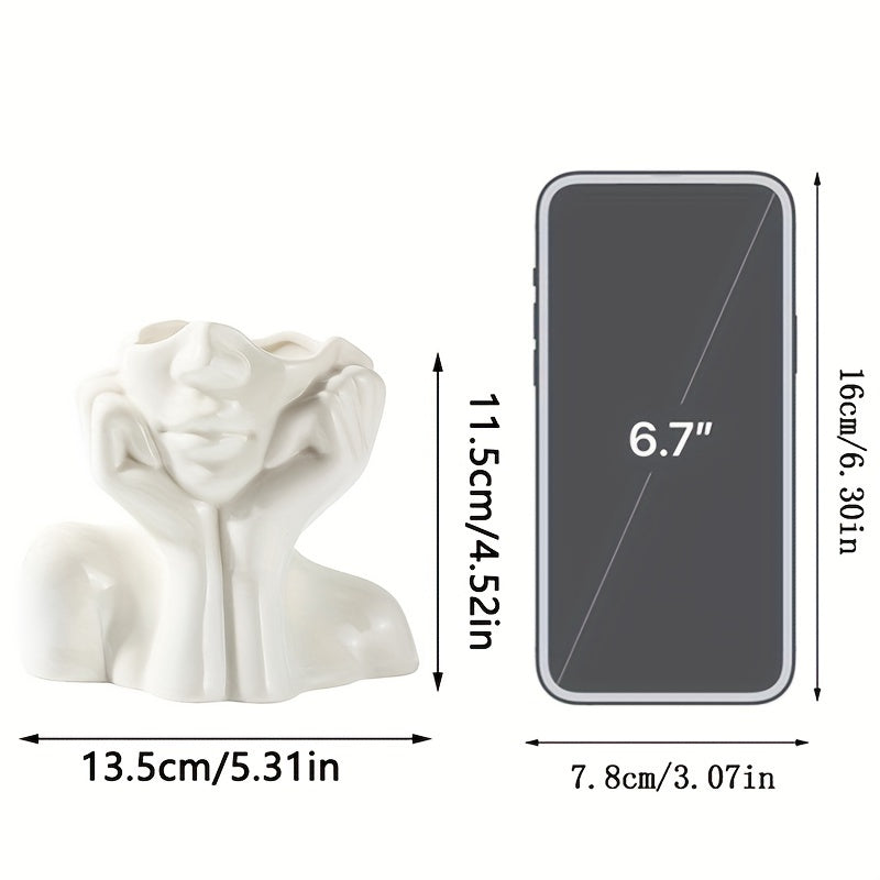 White Resin Vase with Human Face Design Nordic Home Decor Double Handles for Floral Display