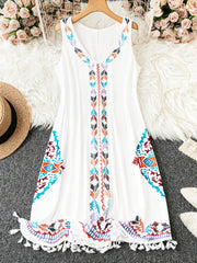 Plus Size Bohemian V-Neck Sleeveless Dress with Random Print Polyester Knit