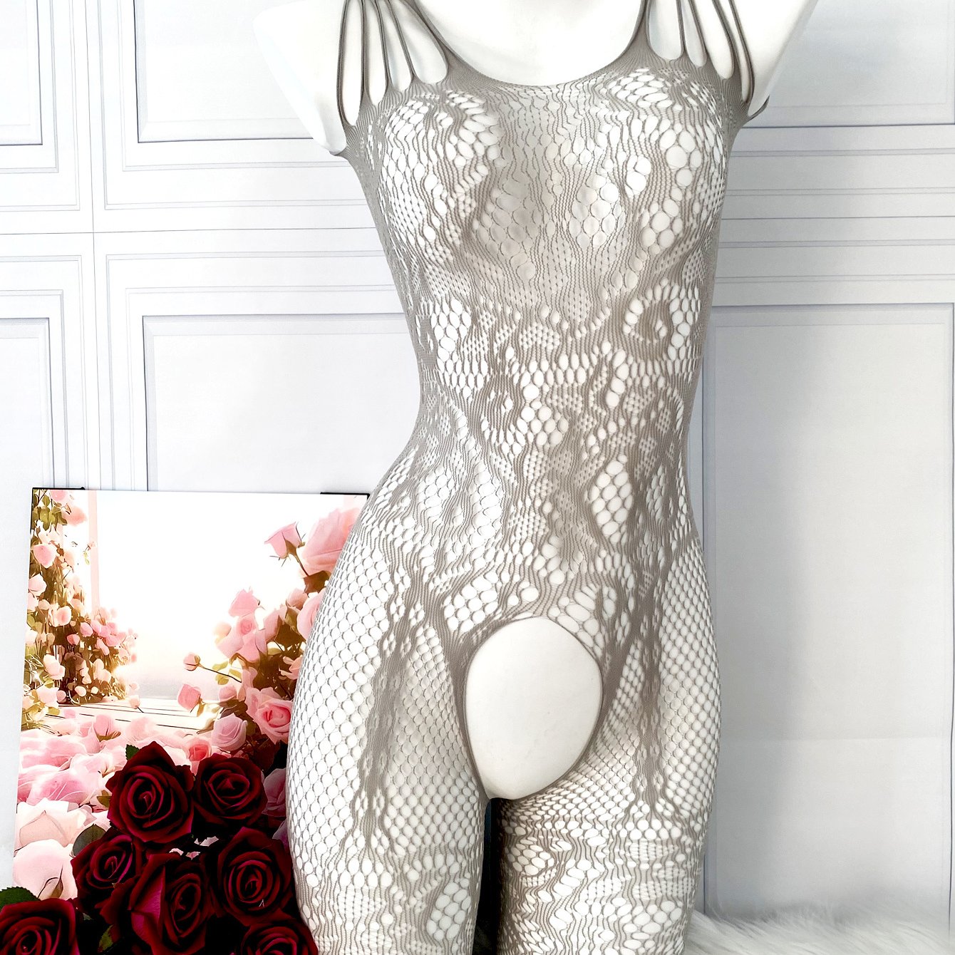 Women's Fishnet and Jacquard Bodystocking for Valentine's Day or Wedding Night