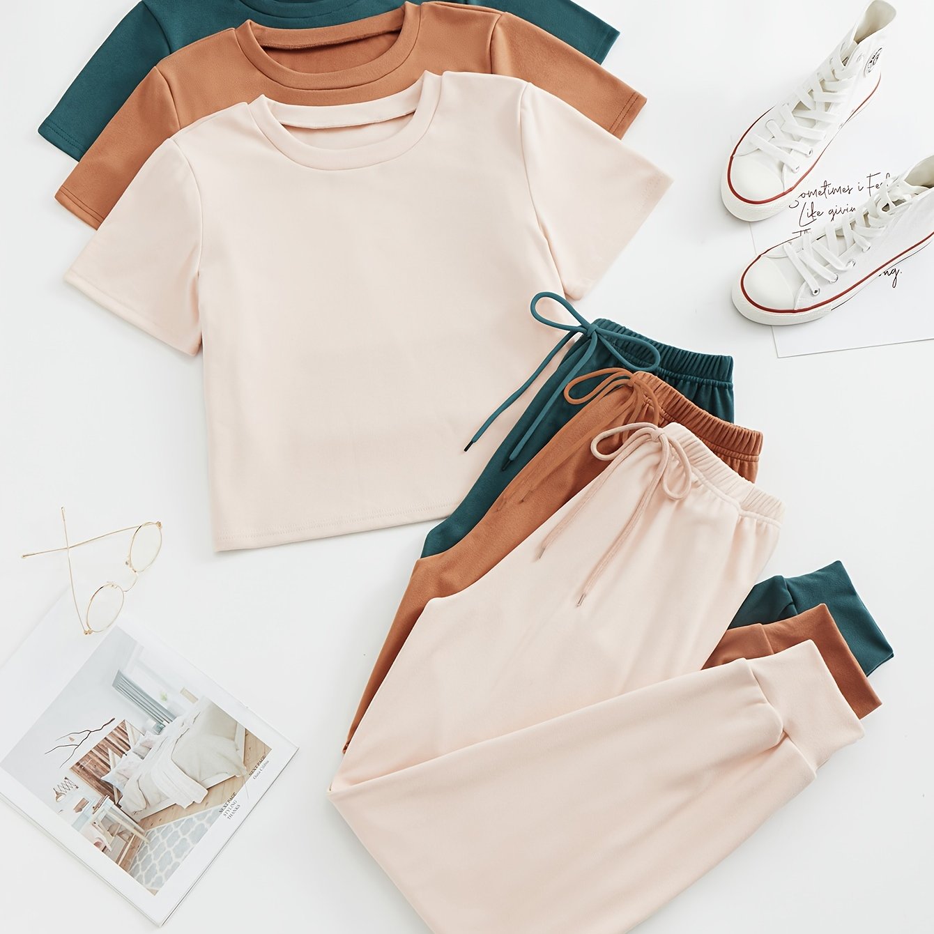 Women's 3-Piece Lounge Set Crew Neck Top and Lace-Up Pants Solid Color Micro Elastic Polyester