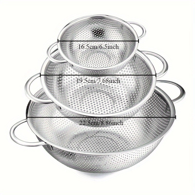Set of 3 Stainless Steel Strainers with Handles, Microporous Metal Colanders, 1-3-5 Quart Sizes