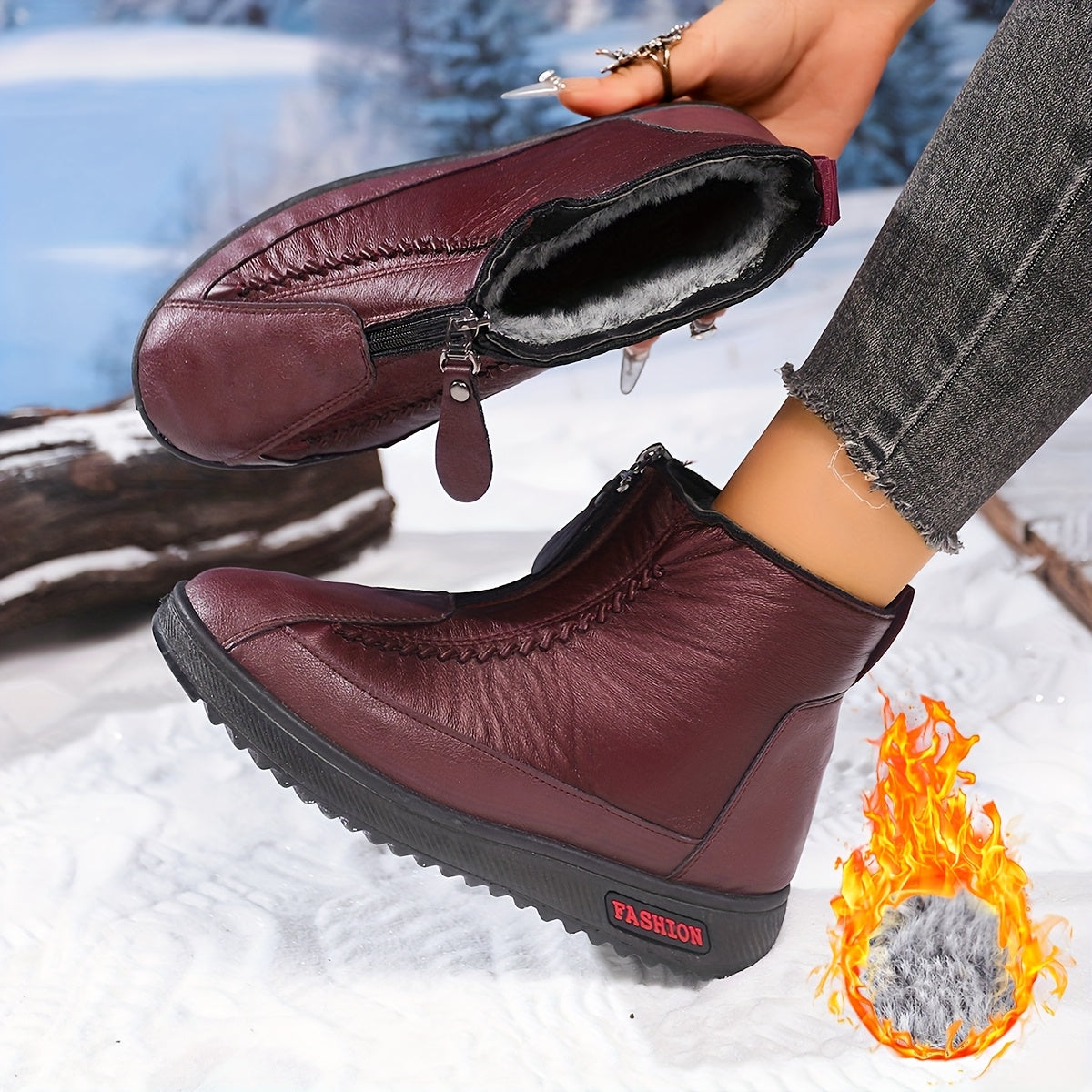 Women's Winter Insulated Snow Boots with Zipper Non-Slip Sole Brown