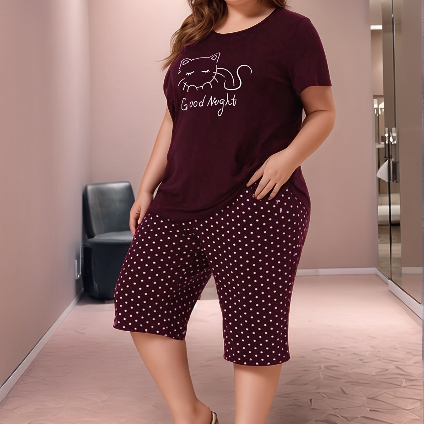 Women Casual Short Sleeve Pajama Set Large Size