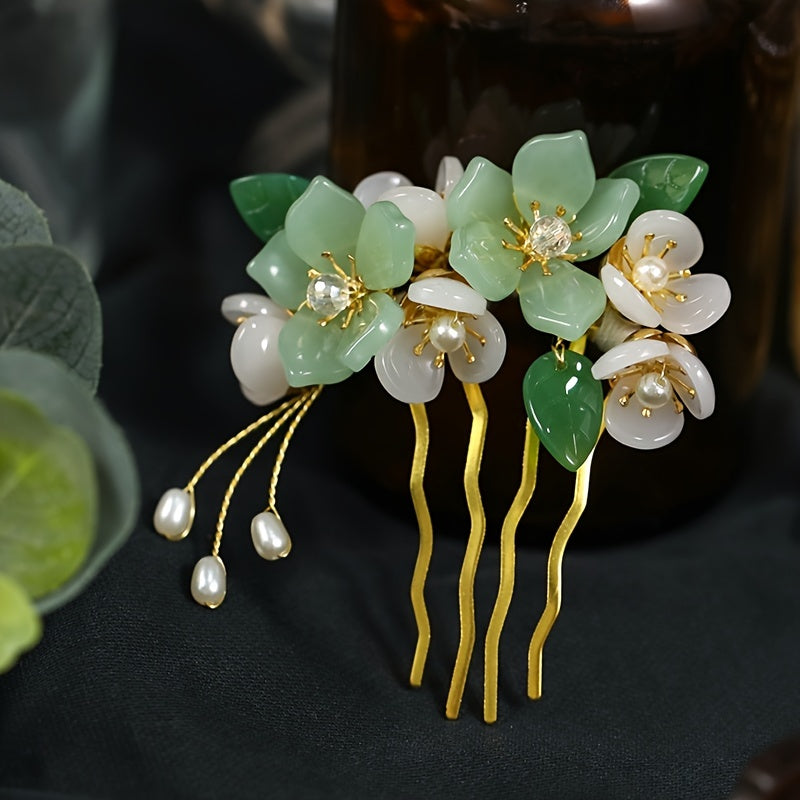 Vintage Bridal Hair Accessory with Green Glass Flower Leaves and Crystal Accents