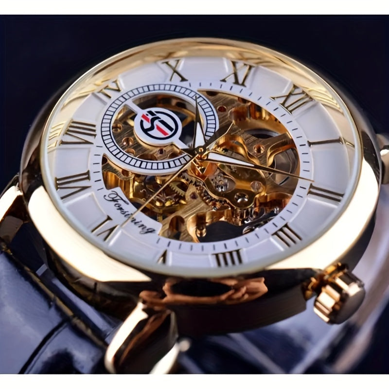 Men's Mechanical Watch with Hollow Design and Leather Strap for Young Men