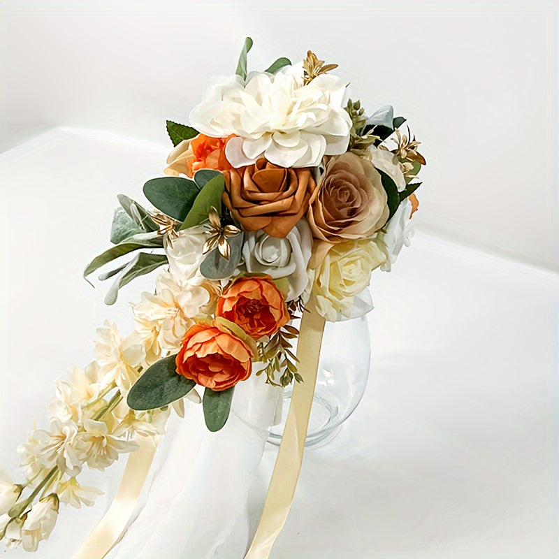 Sun'iy gul to'y uchun buket, ip bilan bezatilgan va vintage lent bilan ta'minlangan