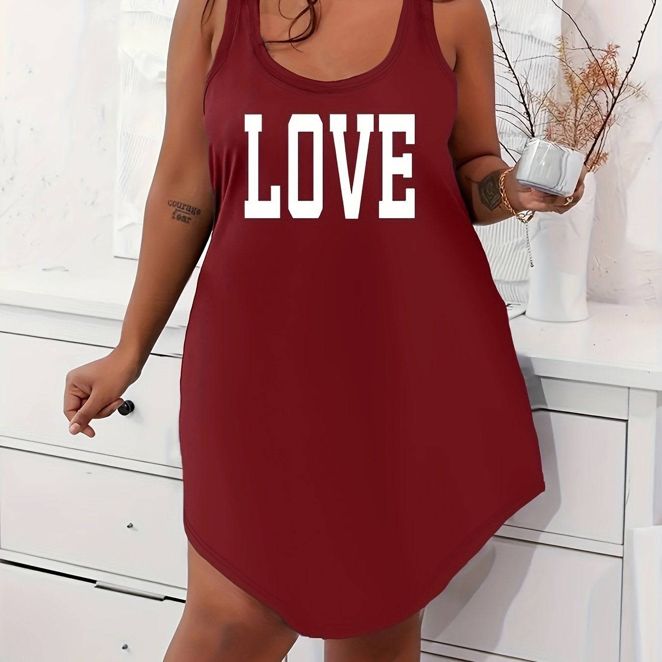 Plus Size Women's Cotton Lounge Dress Scoop Neck Racerback Home Wear