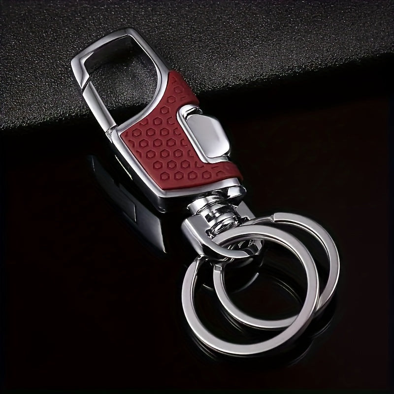 Men Metal Car Keychain with One-Touch Opening and Leather Key Ring