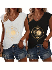 Women's V-Neck T-Shirts 2 Pack Short Sleeve Casual Tops Sun Moon Graphic White Black