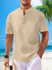 Men's Cotton Linen Henley Shirt with Mandarin Collar Short Sleeve Pocket Casual Spring Vacation