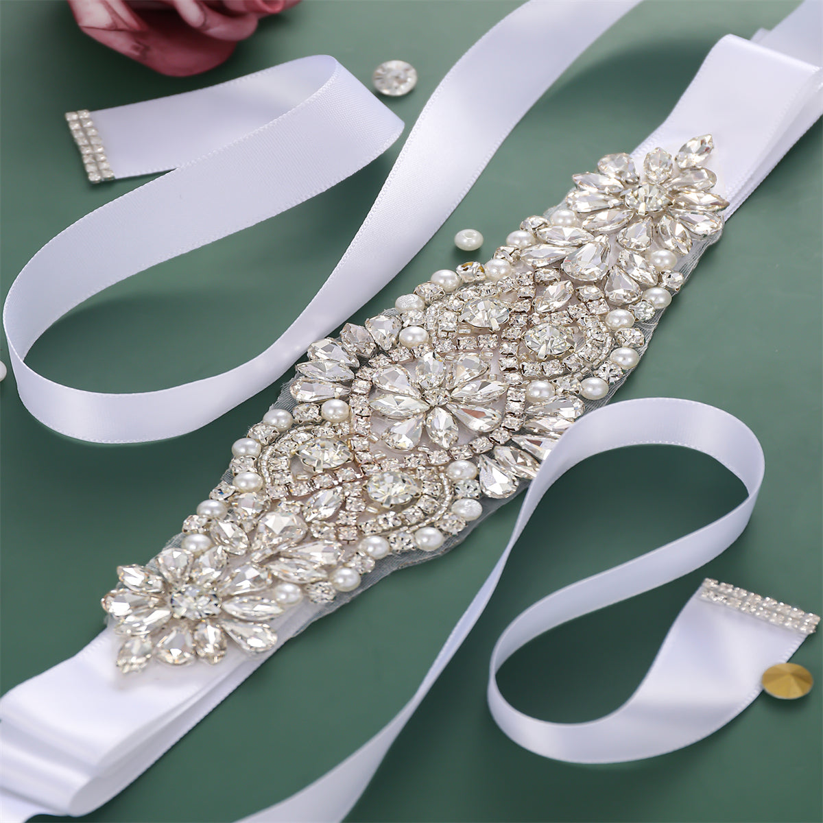 Handcrafted Rhinestone Bridal Belt Waist Chain Sash with Faux Pearl Beads Wedding Dress Accessory