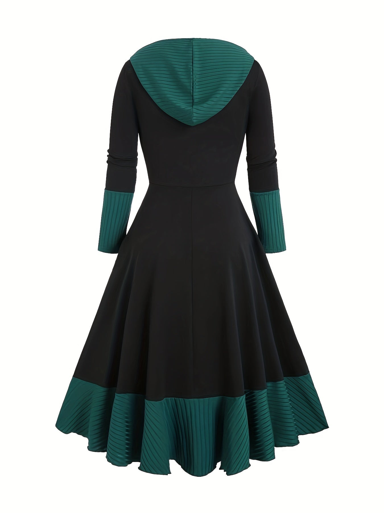 Plus Size Long Sleeve Hooded Dress with Color Block Vintage Style for Spring and Fall