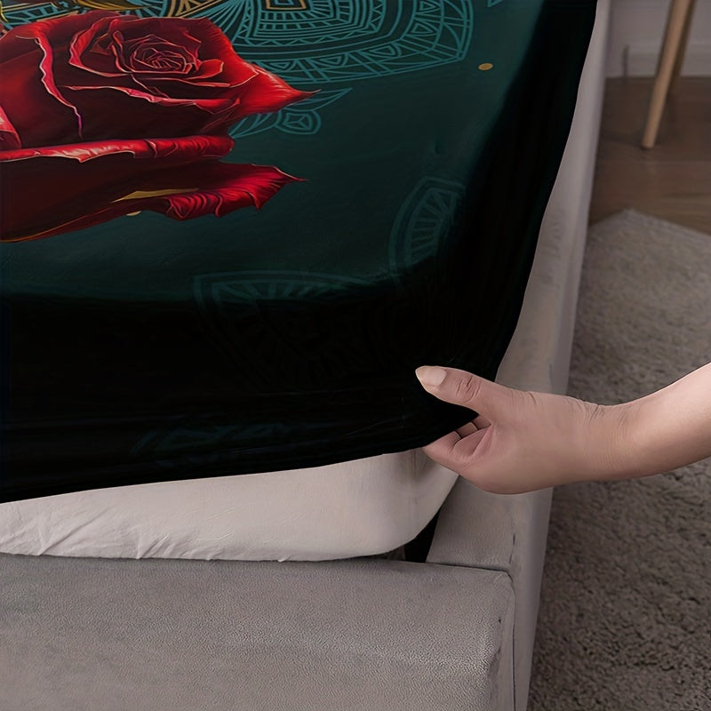 Постельный комплект с цветочным принтом и золотыми акцентами, дышащий полиэстер, включает простыню на резинке и наволочки