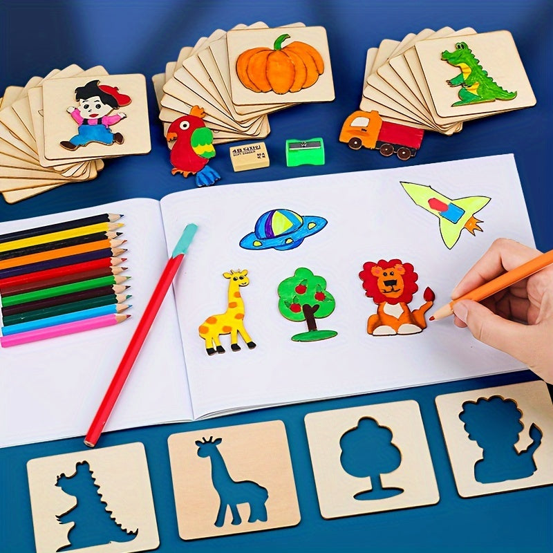 Wooden Craft Stencils Set 20pcs Animal and Fruit Designs Apricot for Kids Art and Craft Projects