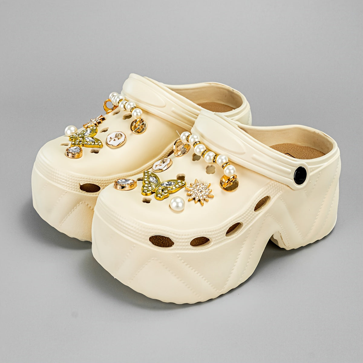 Women Glitter Embellished Mules Clogs Pearls Butterflies EVA Platform Heels