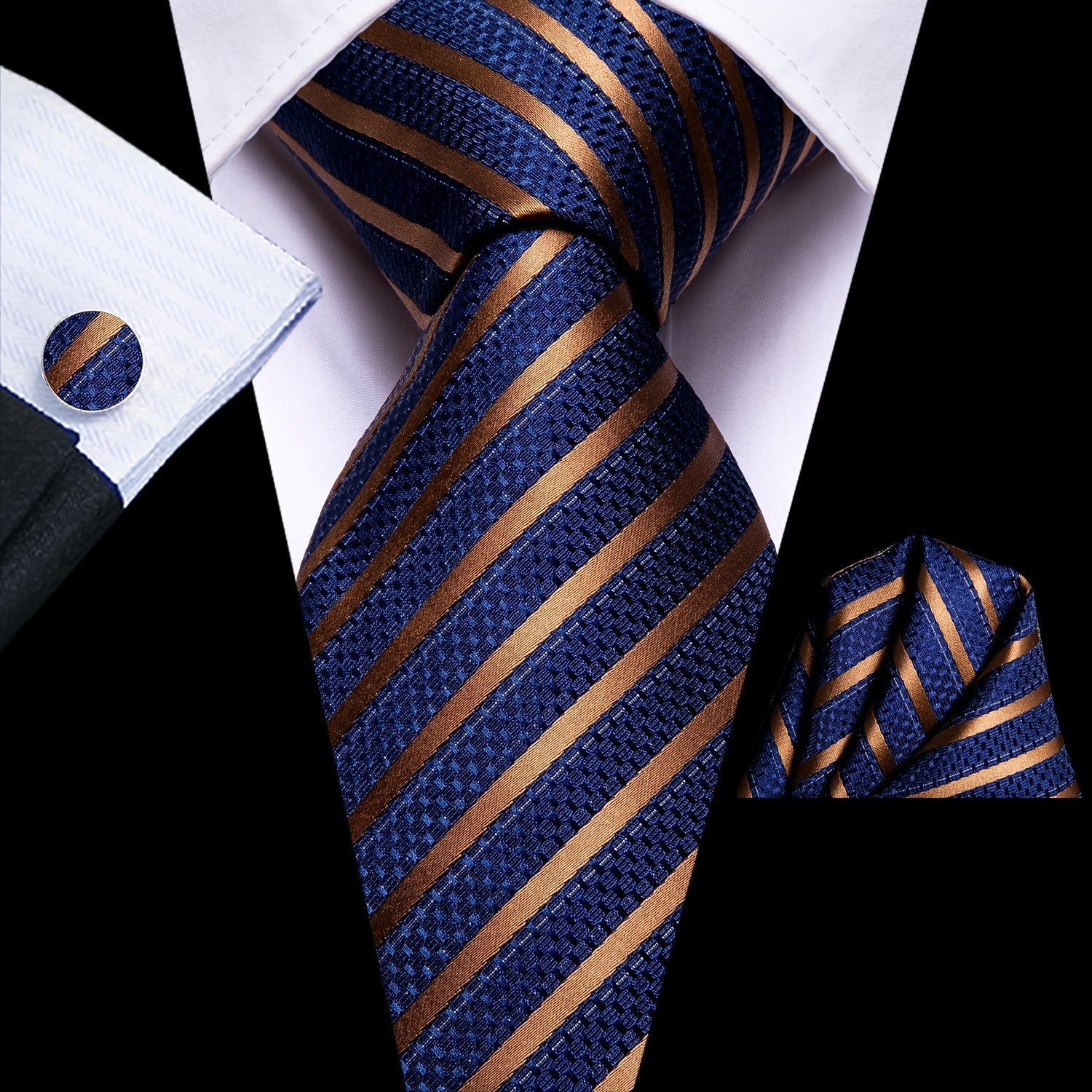 Striped Necktie Set with Cufflinks for Business, Parties, Weddings