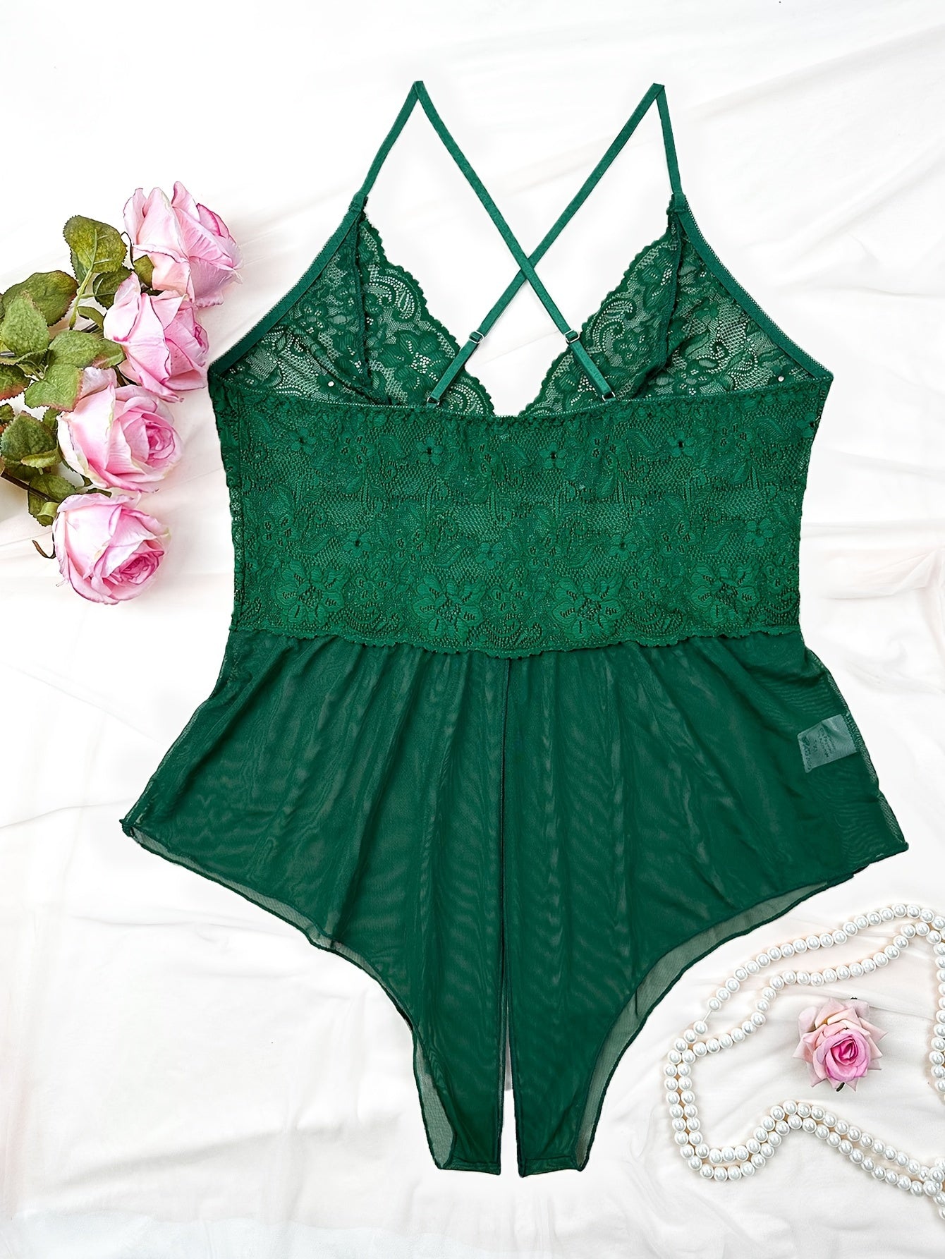 Plus Size Women's Lace Mesh One-Piece Swimsuit Emerald Green Semi-Sheer Adjustable Straps