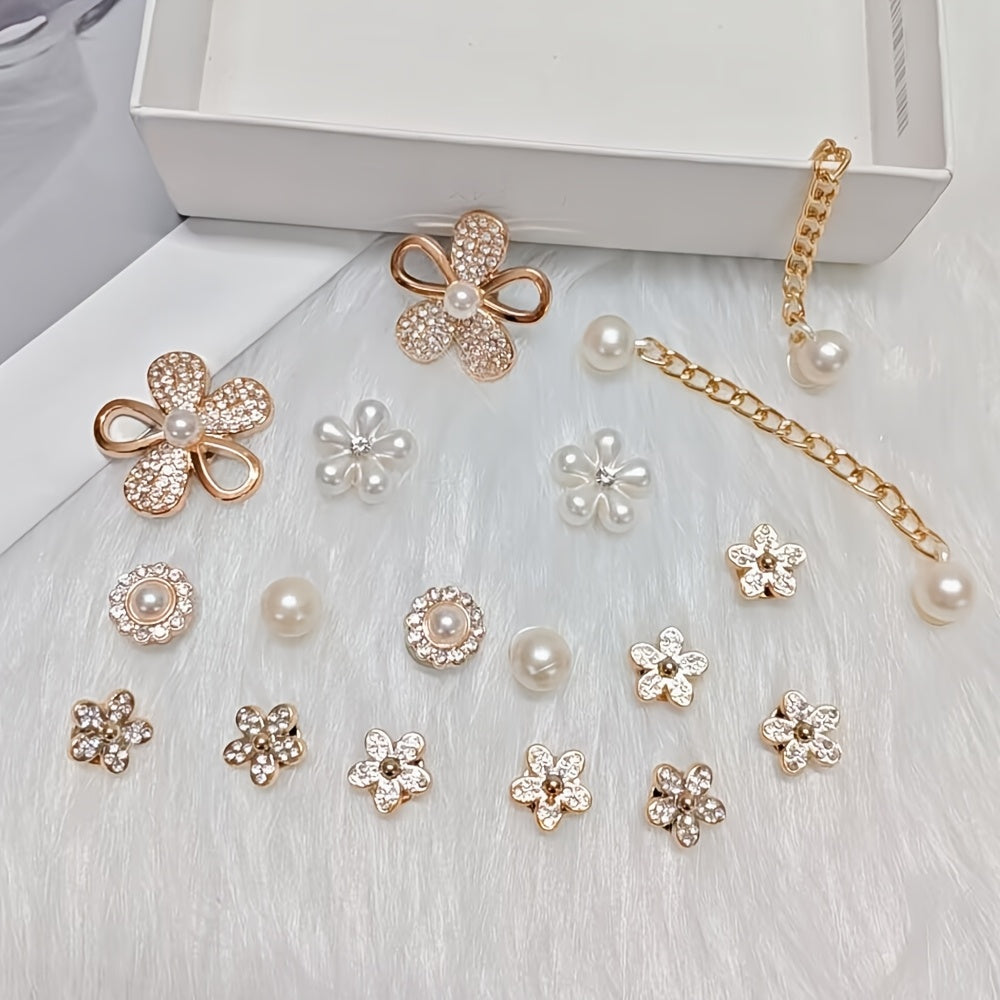Women Faux Rhinestone Shoe Charms Set with Flowers and Chains 18pcs