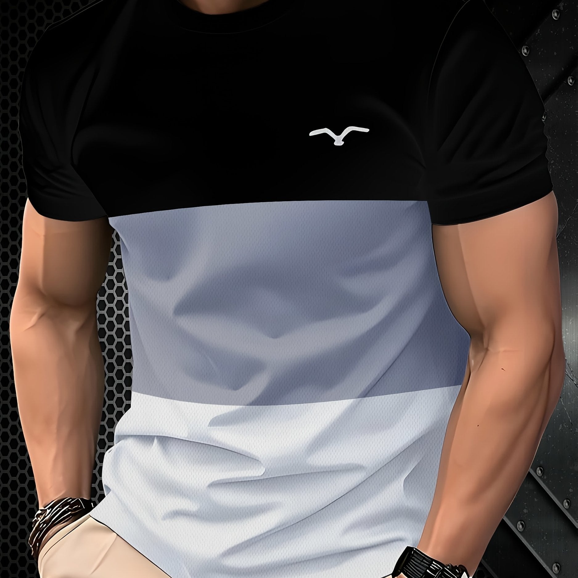 Erkaklar uchun tasodifiy seagull grafik futbolka, 3D bosma, qisqa yeng, krujka bo'yin, polyester/spandeks aralashmasi, ozgina cho'ziluvchan, oddiy moslik, qora/oq/xiralik.