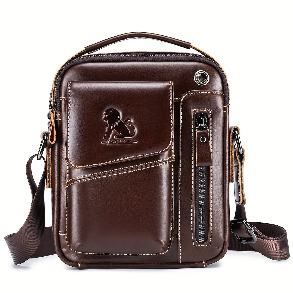 Men's Genuine Leather Crossbody Bag with Multi-Compartment Zipper Dark Brown