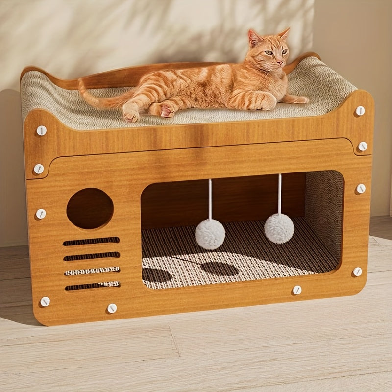 TV-Shaped Cat Scratcher and Resting Mat Durable Cardboard with Ball Toy Claw Care and Relaxation