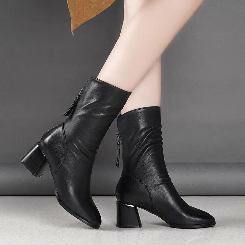 Women's Faux Leather Ankle Boots with Chunky Heel and Back Zipper