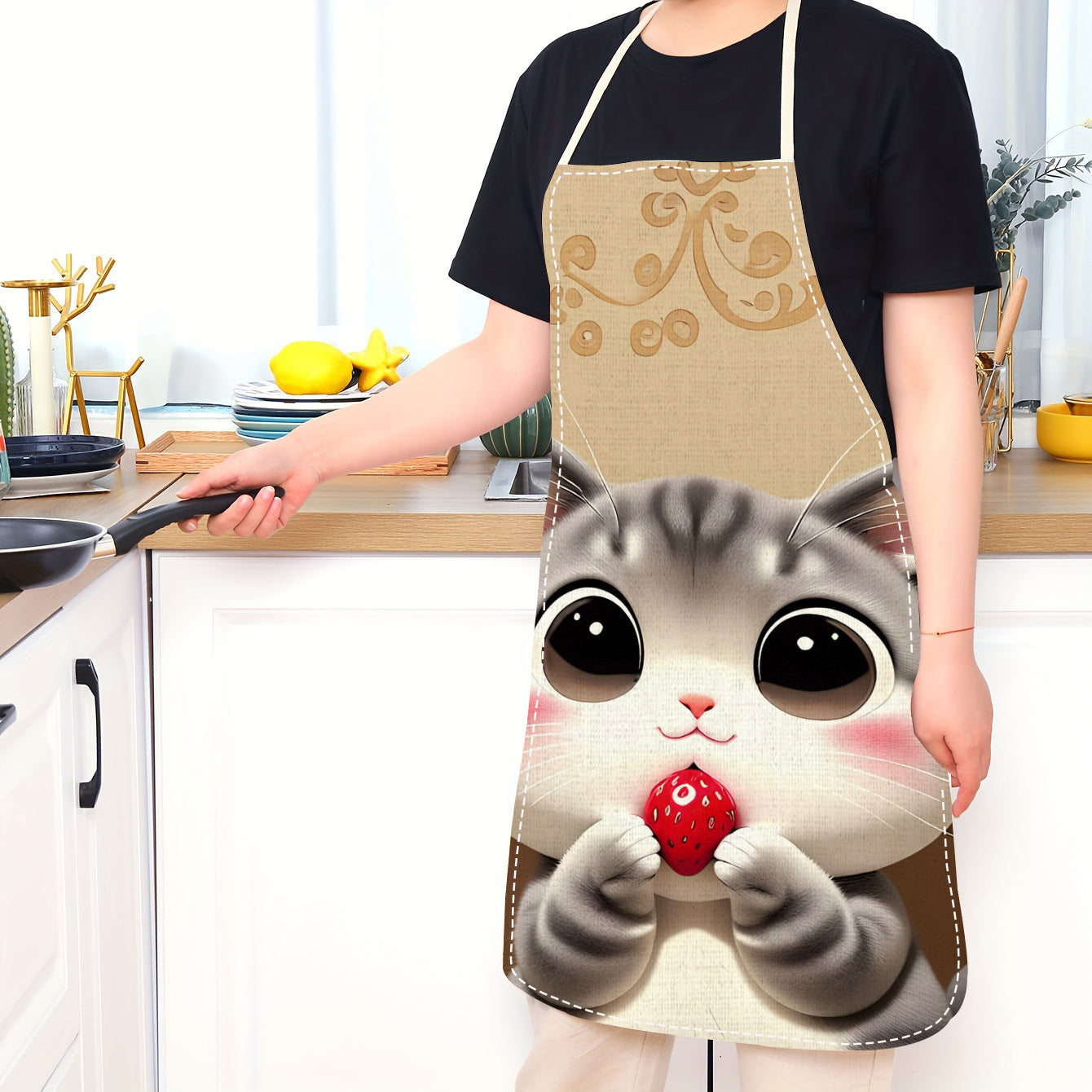 Cute Cat and Strawberry Print Linen Apron Sleeveless Lightweight for Cooking and Baking