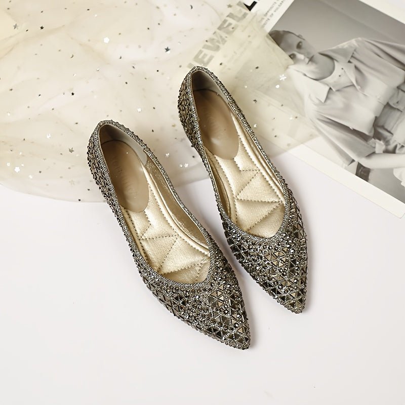 Ayollar uchun fransuz uchburchak botiqli, qalin poyali, ochiq botiqli rhinestone flats tufli