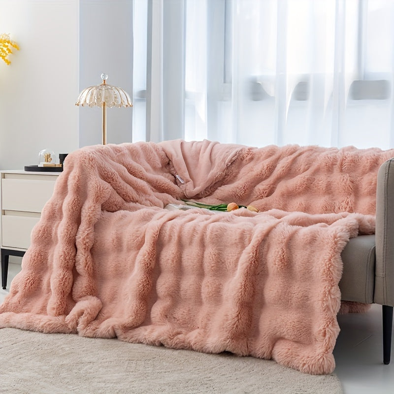 Luxurious Thickened Bubble Plush Blanket with Imitation Rabbit Fur for Sofa and Bed