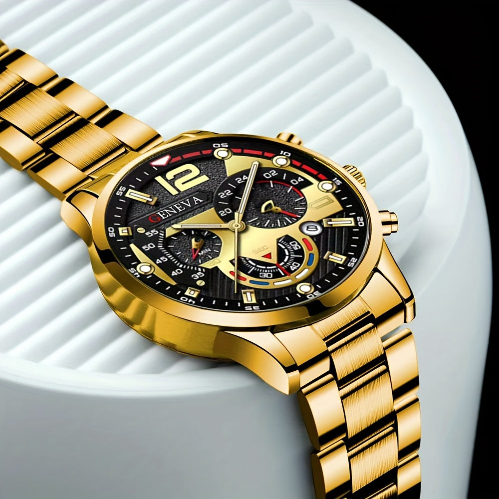 Men's Business Casual Gift Set with Quartz Watch Cross Necklace Bracelet and Ring